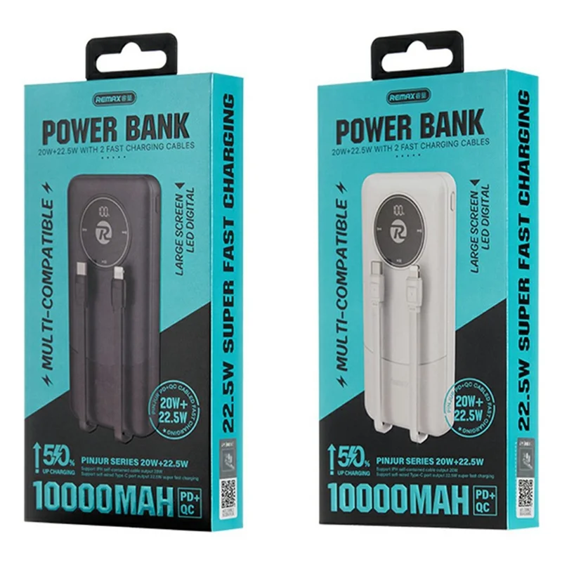 REMAX RPP-37 10000mAh Power Bank 20W + 22.5W Dual Fast Charging Built-in Cables For iPhone  /  Android - Black