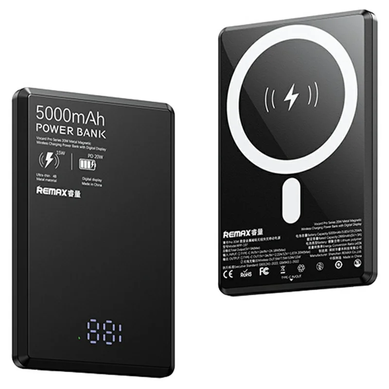 REMAX RPP-107 20W Magnetic Wireless Power Bank 5000mAh Portable Charger with Digital Display - Black