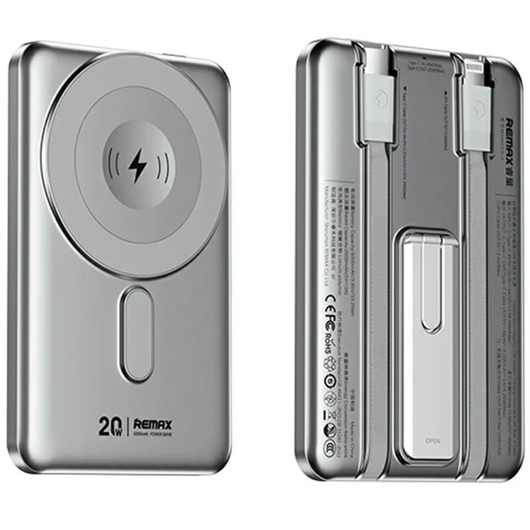 REMAX CX-1 5000mAh Power Bank with Cables Foldable Stand 15W Wireless Phone Charger - Silver