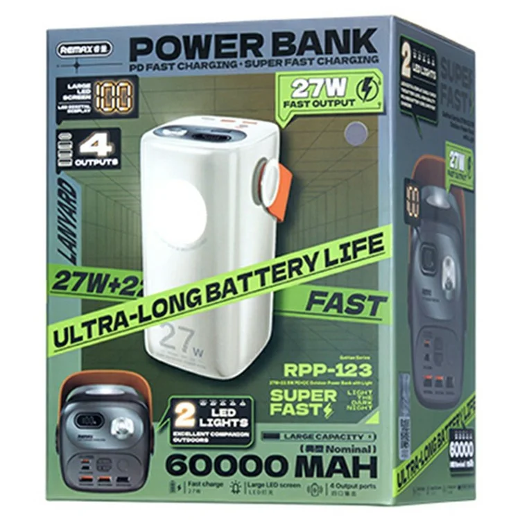 Banque d'alimentation extérieure REMAX RPP-123 60 000 mAh 27 W + 22,5 W Charge rapide 4 sorties Lumière LED Affichage numérique - Beige