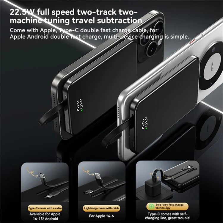 X13 PD 22,5W Schnellladung 10.000 mAh magnetische Powerbank mit Typ-C + iP-Kabeln - Schwarz