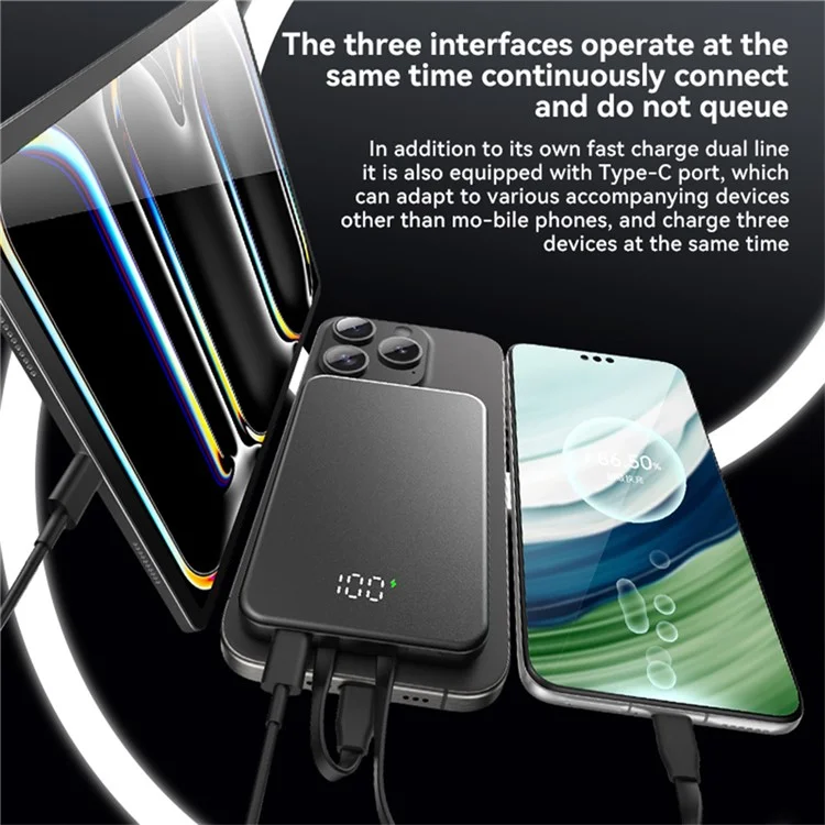 X13 PD 22,5W Schnellladung 10.000 mAh magnetische Powerbank mit Typ-C + iP-Kabeln - Schwarz