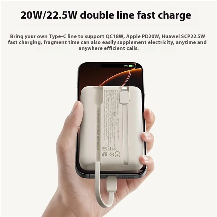 Caricabatterie portatile ROCK P95 10000mAh con cavo doppio integrato, ricarica rapida PD 22.5W