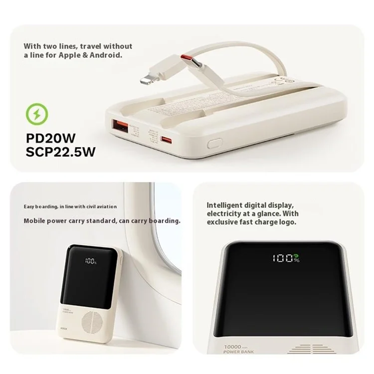Caricabatterie portatile ROCK P95 10000mAh con cavo doppio integrato, ricarica rapida PD 22.5W
