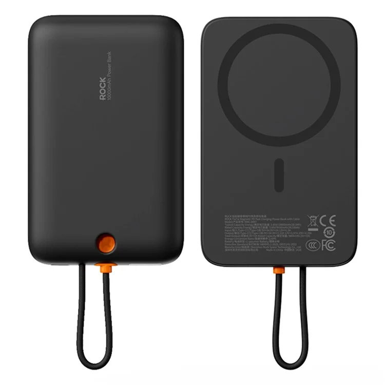 ROCK Magnetic Power Bank PD Fast Charging 10000mAh Portable Phone Charger with iP Cable - Dark Grey