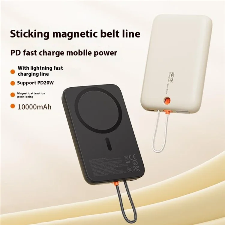ROCK Magnetic Power Bank PD Fast Charging 10000mAh Portable Phone Charger with iP Cable - Dark Grey