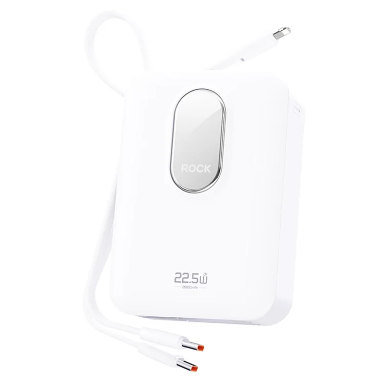 ROCK Y19 Mini Series 20000mAh Power Bank 22.5W Fast Charging Built-in Cable Portable Phone Charger - White