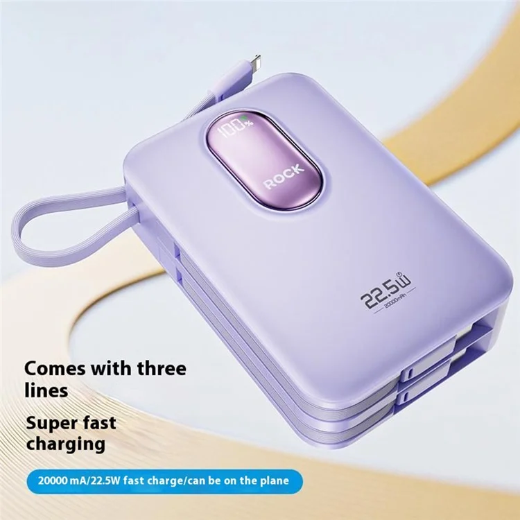 ROCK Y19 Mini Series 20000mAh Power Bank 22.5W Fast Charging Built-in Cable Portable Phone Charger - White