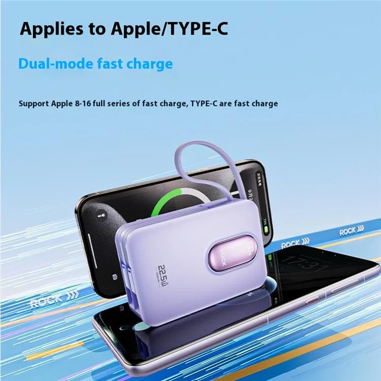 ROCK Y19 Mini Series 20000mAh Power Bank 22.5W Fast Charging Built-in Cable Portable Phone Charger - White