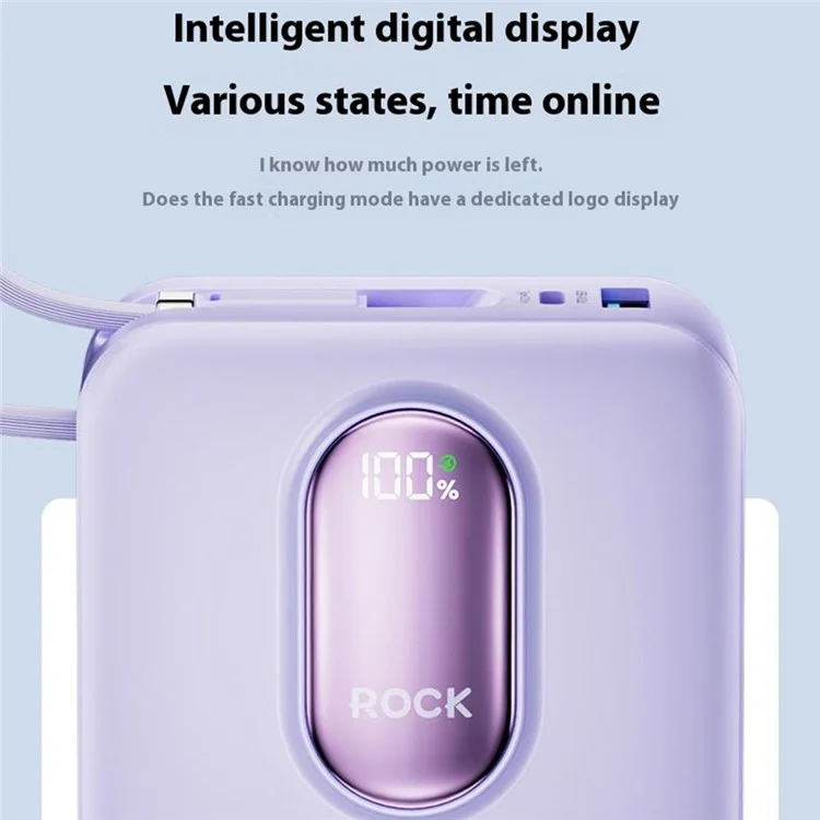 ROCK Y19 Mini Series 20000mAh Power Bank 22.5W Fast Charging Built-in Cable Portable Phone Charger - White