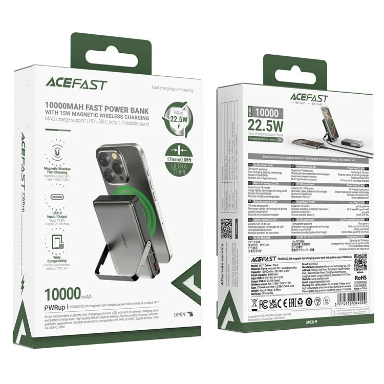 ACEFAST M17-10000 Banco de energía magnético de 10000mAh PD 20W / 22,5W con soporte de carga rápida