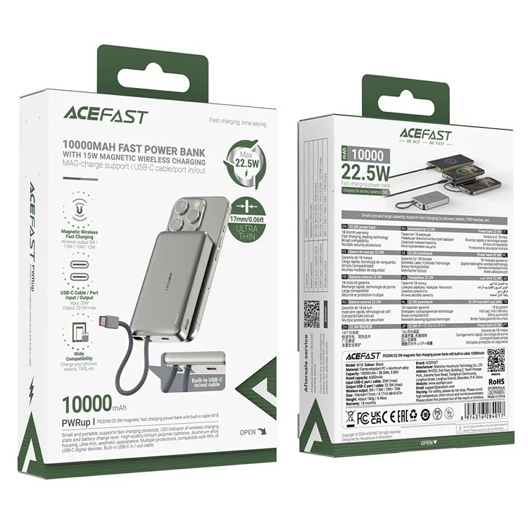 ACEFAST M18-10000 Магнитный Power Bank 10000мАч PD 20Вт / 22.5Вт Fast Charging внешний аккумулятор