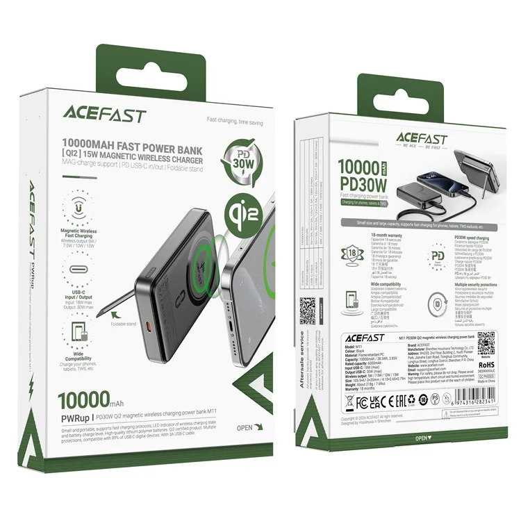 ACEFAST M11-10000 PD 30W Fast Charging Qi2 Power Bank 10000mAh Magnetic Wireless Charger with Stand