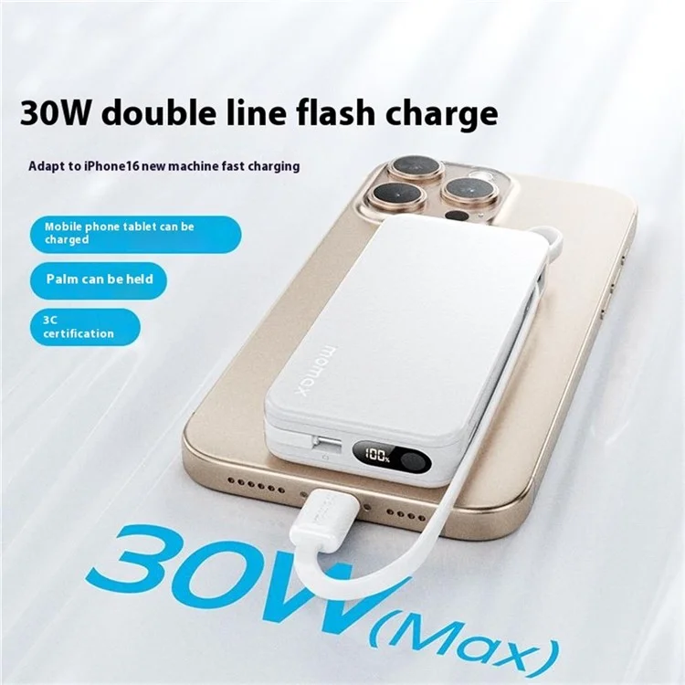 MOMAX 1-Power Vital+ Power Bank 30W 10000mAh Fast Charging External Battery with Dual USB-C Cable - Black