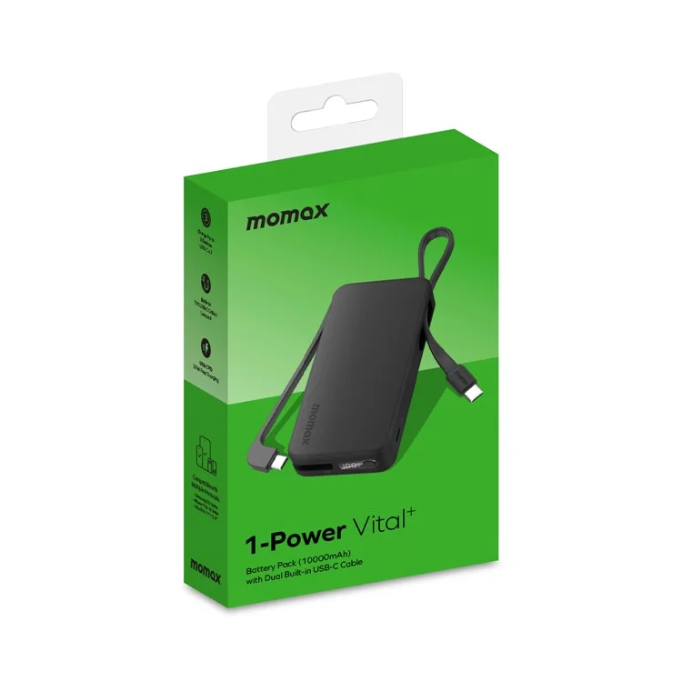 MOMAX 1-Power Vital+ Power Bank 30W 10000mAh Fast Charging External Battery with Dual USB-C Cable - Black