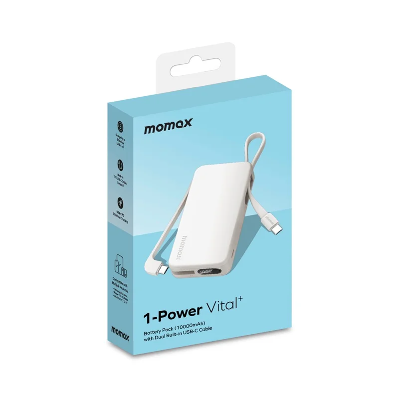 MOMAX 1-Power Vital+ Power Bank 30W 10000mAh Fast Charging External Battery with Dual USB-C Cable - White