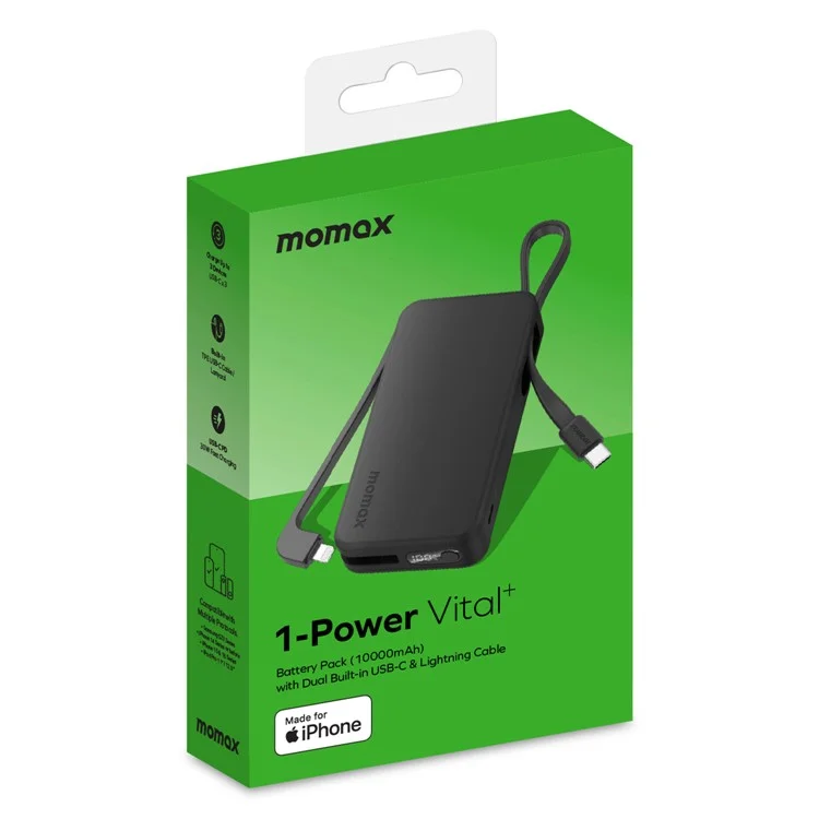 MOMAX 1-PowerVital+ Dual Cable Fast Charging Power Bank MFI Certified 30W 10000mAh Portable Phone Charger - Black