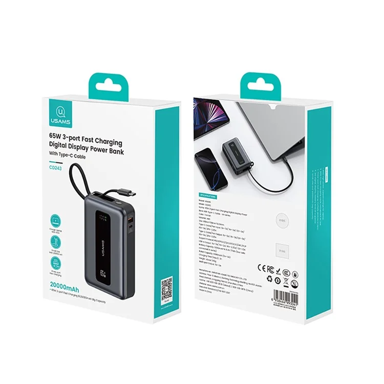 USAMS CD243 65W Power Bank Fast Charging 20000mAh 3 Port LED Display Portable Charger with Type-C Cable