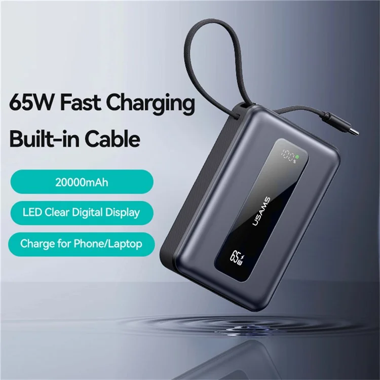USAMS CD243 65W Power Bank Fast Charging 20000mAh 3 Port LED Display Portable Charger with Type-C Cable