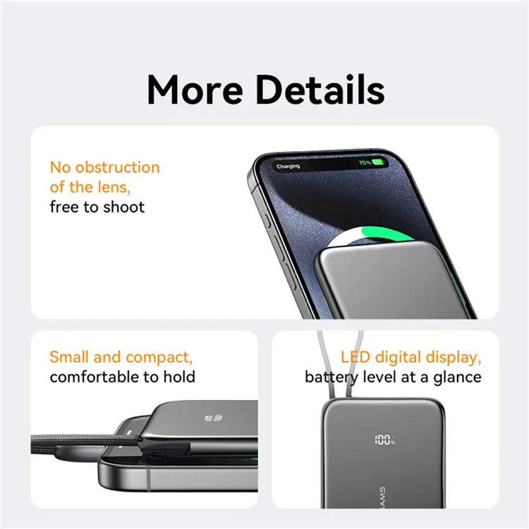 USAMS CD227 20W Ultra-Dünne Magnetische Powerbank 5000mAh mit Digitaler Anzeige Ladegerät mit Type-C Kabel - Mattiert