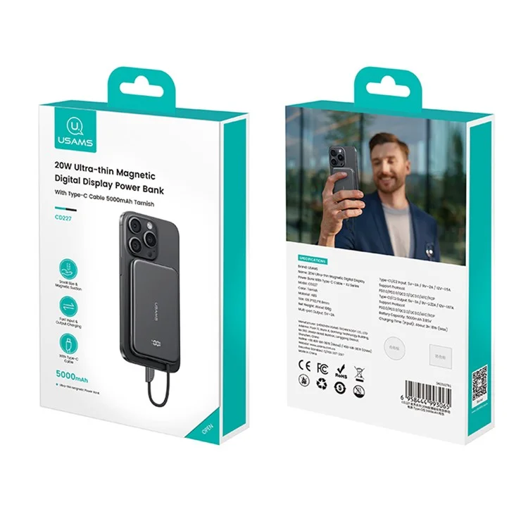 USAMS CD227 20W Ultra-Dünne Magnetische Powerbank 5000mAh mit Digitaler Anzeige Ladegerät mit Type-C Kabel - Mattiert