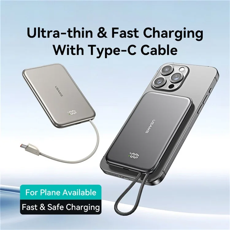USAMS CD227 20W Ultra-Dünne Magnetische Powerbank 5000mAh mit Digitaler Anzeige Ladegerät mit Type-C Kabel - Mattiert