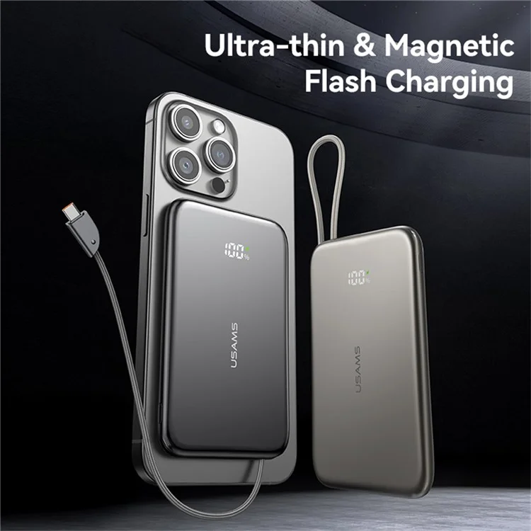 USAMS CD227 20W Ultra-Dünne Magnetische Powerbank 5000mAh mit Digitaler Anzeige Ladegerät mit Type-C Kabel - Mattiert