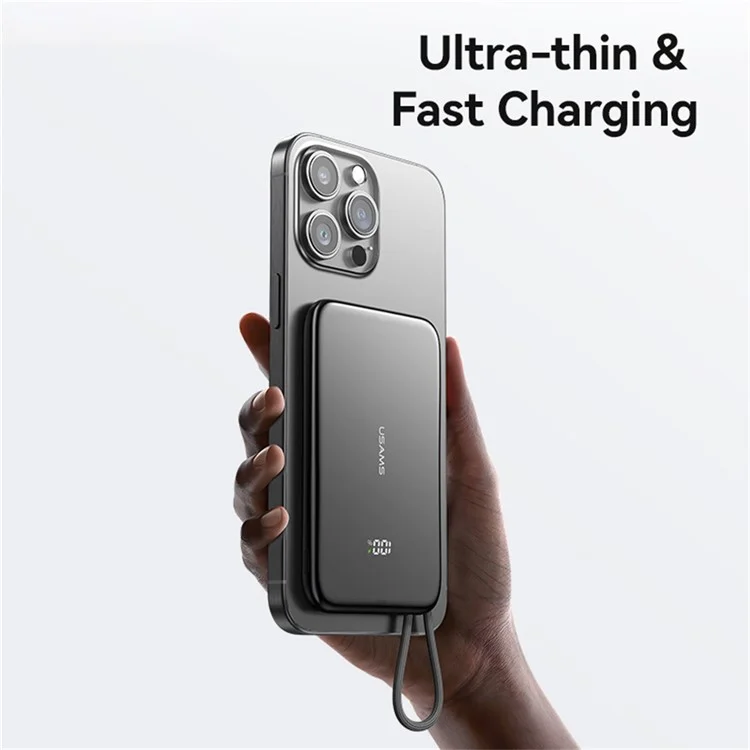USAMS CD227 20W Ultra-Dünne Magnetische Powerbank 5000mAh mit Digitaler Anzeige Ladegerät mit Type-C Kabel - Mattiert