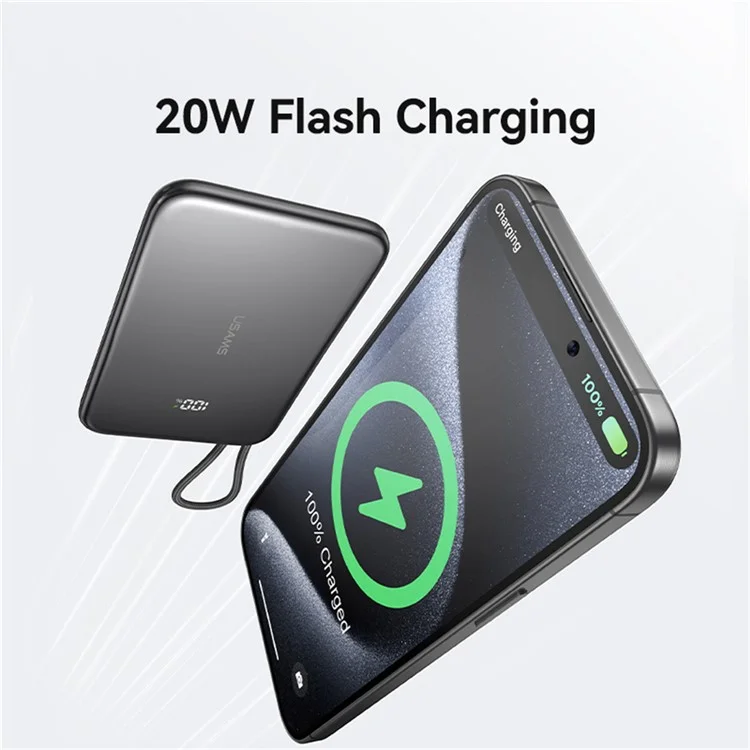 USAMS CD227 20W Ultra-Dünne Magnetische Powerbank 5000mAh mit Digitaler Anzeige Ladegerät mit Type-C Kabel - Mattiert