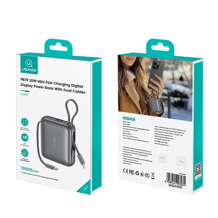 USAMS CD240 PB78 Power Bank 10000mAh Portable Charger with 20W Dual Fast Charging Cable