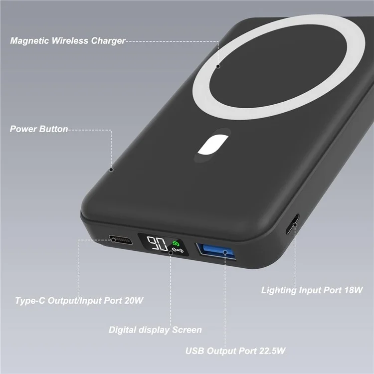 KT-D007Z 10000mAh Portable Charger 15W Magnetic Wireless Charging Power Bank with Foldable Stand - White
