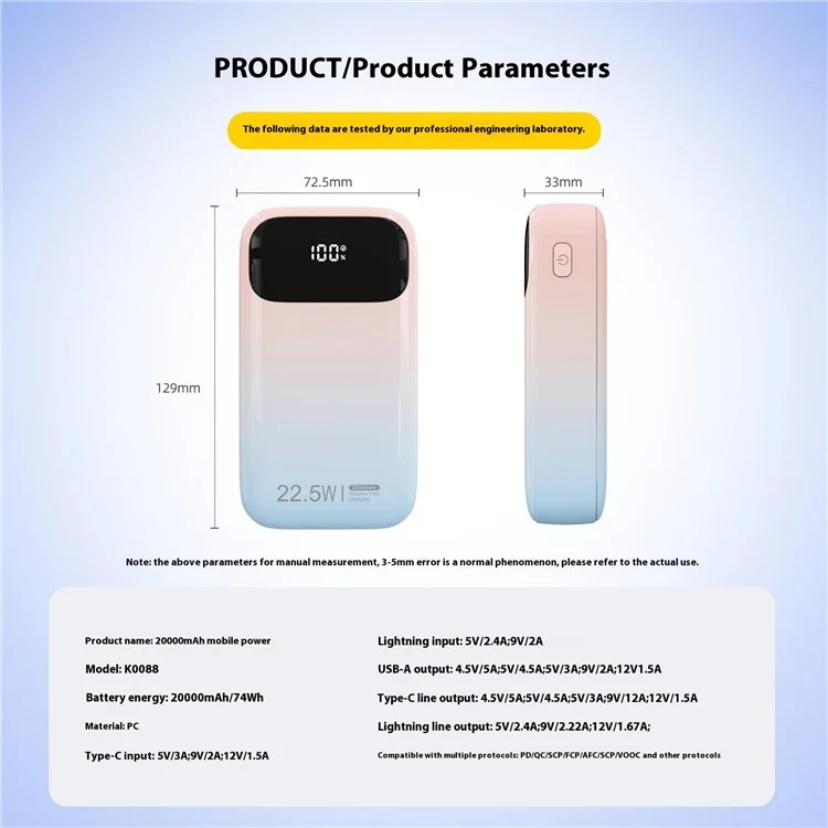 K0088A 20000mAh Power Bank 22.5W Fast Charging Portable Charger with Type-C / iP Cable for Mobile Devices - White