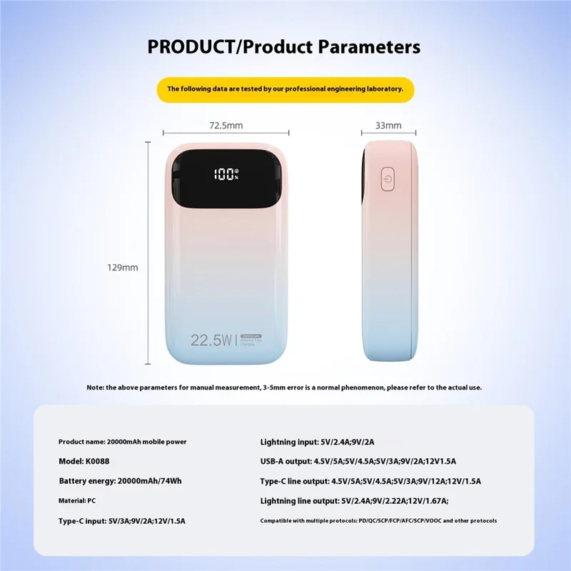 K0088A 20000mAh Power Bank 22.5W Fast Charging Portable Charger with Type-C / iP Cable for Mobile Devices - Gradient Blue Pink