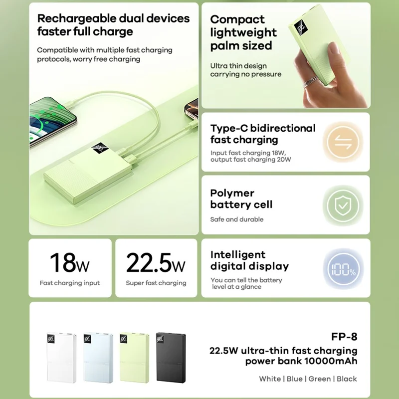 REMAX FP-8 10000mAh Power Bank Ultra Thin 22.5W Fast Charging Portable Charger with LED Digital Display - Black