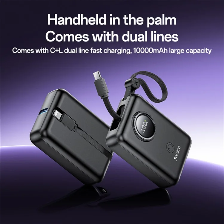 YESIDO YP64 Banco de energía 10000mAh Cargador portátil de teléfono y tableta con cable integrado Tipo-C / 8Pin