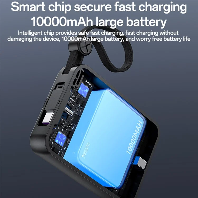 YESIDO YP64 Banco de energía 10000mAh Cargador portátil de teléfono y tableta con cable integrado Tipo-C / 8Pin