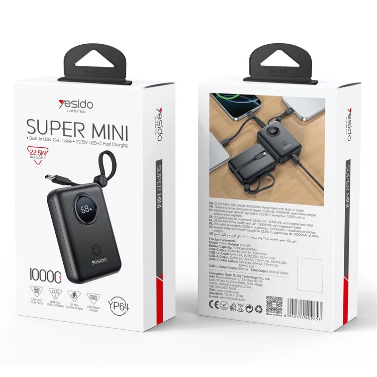 YESIDO YP64 Banco de energía 10000mAh Cargador portátil de teléfono y tableta con cable integrado Tipo-C / 8Pin