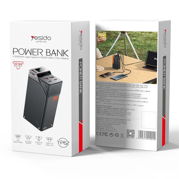YESIDO YP62 Batteria portatile da 30.000 mAh con 2 porte Type-C e 2 porte USB-A Display digitale Caricabatterie per telefono