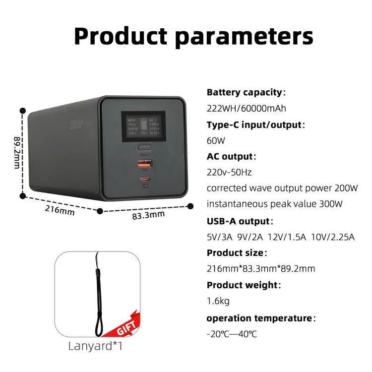 SKA200F 200W Portable Power Station 60000mAh High Capacity 220V Outdoor Power Bank for Laptop Phone Tablet