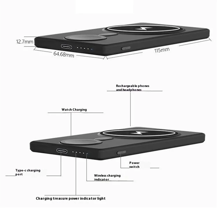 N66 Tragbares Magnetisches Drahtloses Ladegerät 5000mAh Powerbank 3-in-1 Ladegerät - Schwarz