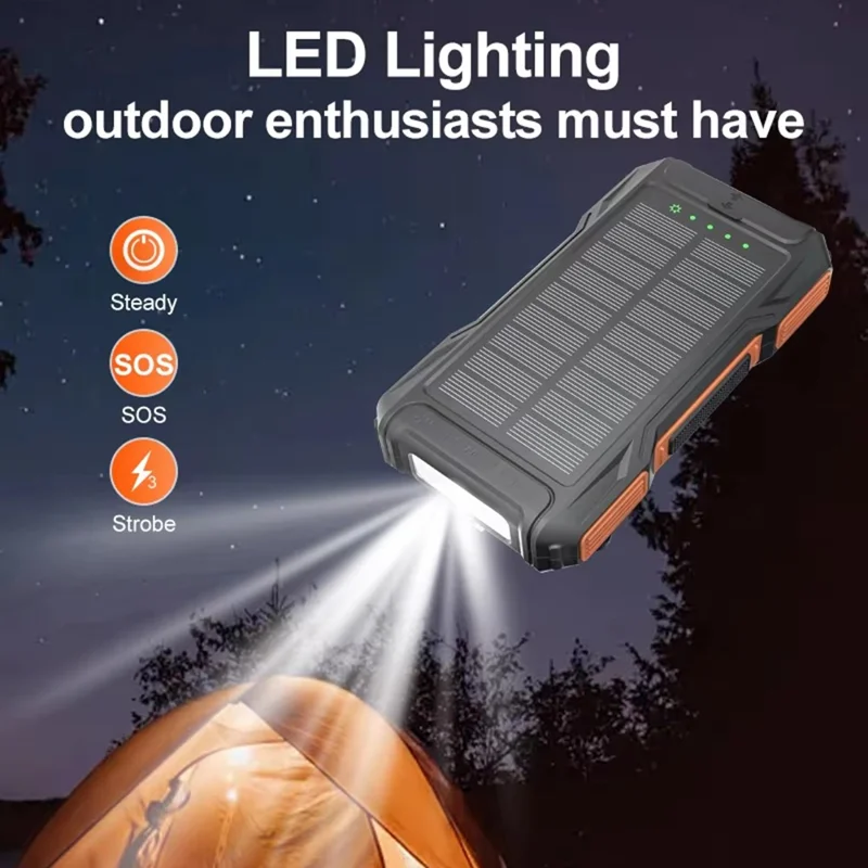 Power Bank Solare da 10000mAh con Manovella, Caricatore Portatile di Emergenza con Luce LED e Supporto per Telefono - Arancione