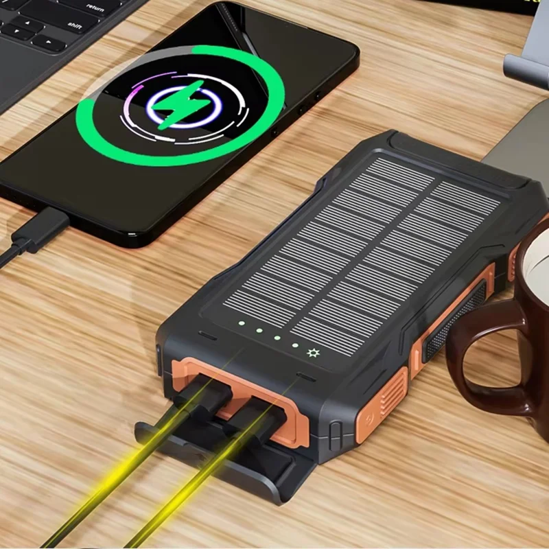 Power Bank Solare da 10000mAh con Manovella, Caricatore Portatile di Emergenza con Luce LED e Supporto per Telefono - Arancione