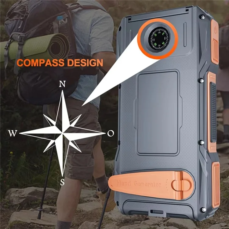 10000mAh Solar Hand Crank Power Bank Emergency Portable Charger with LED Light Phone Stand - Blue