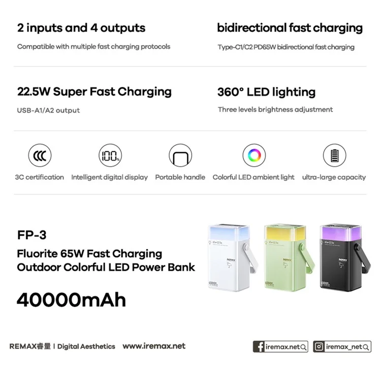 REMAX FP-3 65W Fast Charging Power Bank 40000mAh Outdoor LED Lighting Portable Charger with Multi-Color Atmosphere Light - Green