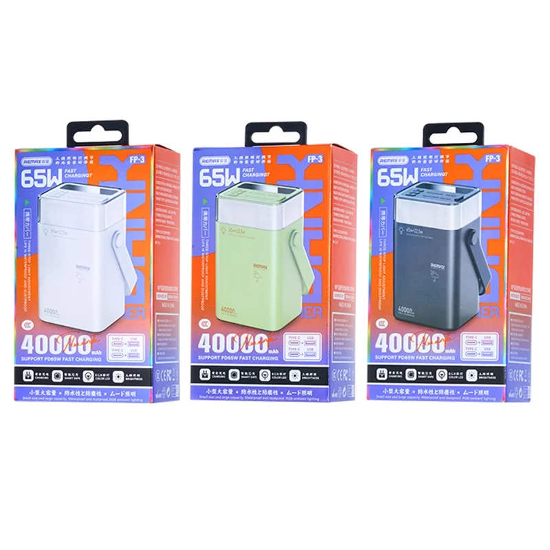 Carregador Portátil REMAX FP-3 de 65W 40000mAh com Iluminação LED Externa e Luz Ambiente Multicolorida - Preto