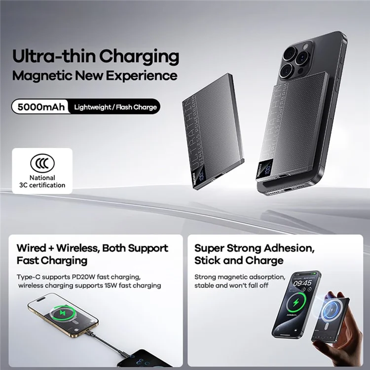 REMAX MP-5 Digitale Anzeige Metall Magnetische 15W Wireless Powerbank PD20W 5000mAh Tragbares Ladegerät - Dunkelgrau
