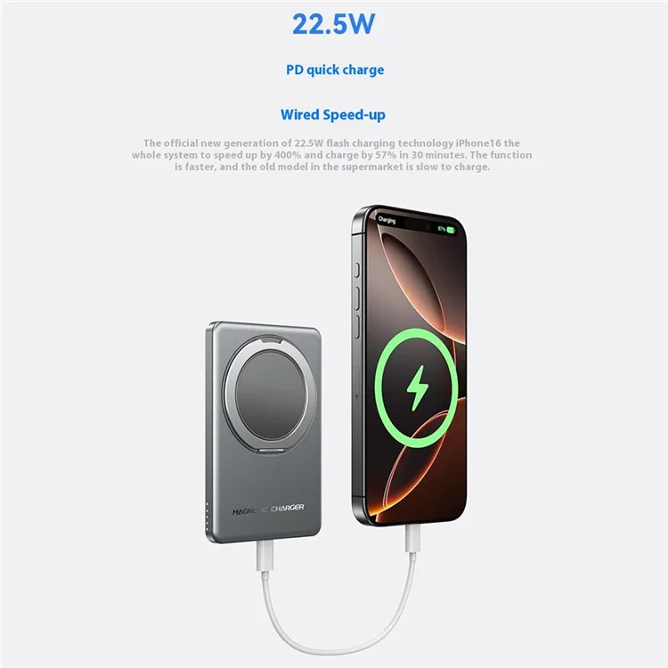 S20 Magnetic Power Bank Compatible with MagSafe 5000mAh 15W Portable Phone Charger with Ring Stand - Titanium Grey