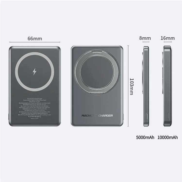 S20 Magnetic Power Bank Compatible with MagSafe 5000mAh 15W Portable Phone Charger with Ring Stand - Titanium Grey