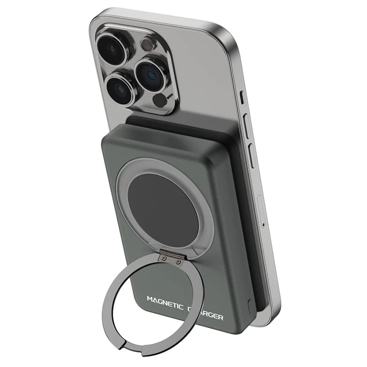 S21 Magnetic Power Bank Compatible with MagSafe 10000mAh 15W Portable Phone Charger with Ring Stand - Titanium Grey