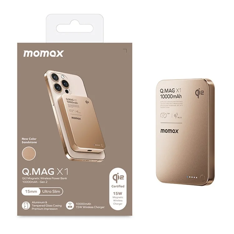 MOMAX Q.Mag X1 Qi2 Power Bank Magnético Sem Fio 10000mAh Carregador Portátil para Celular - Dourado